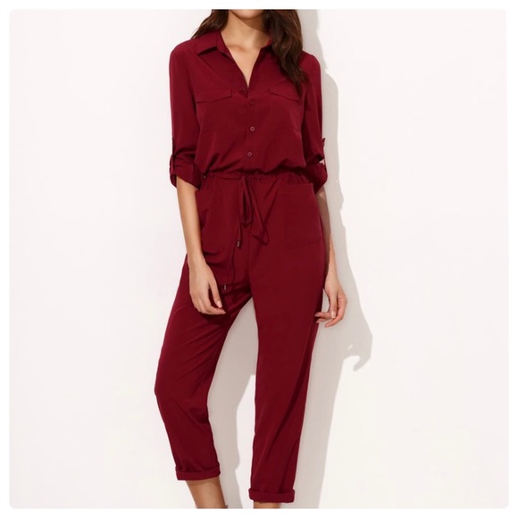 Hello Nite! Pants - Hello Nite! Revolve Tie Waist Long Sleeve Pocket Silky Jumpsuit Currant Size S/M